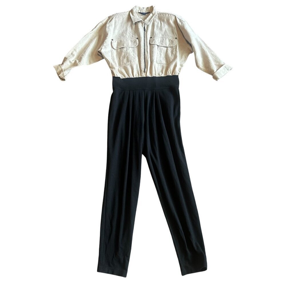 Seattle Gear Linen Cotton Jumpsuit Vintage 80s Retro Zip Down Size Large Women's